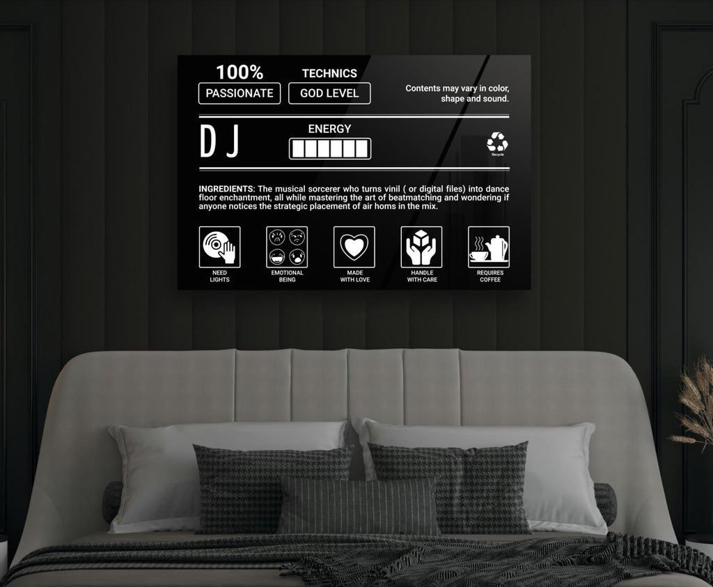 DJ Ingredients Label Glass Wall Art in a modern interior