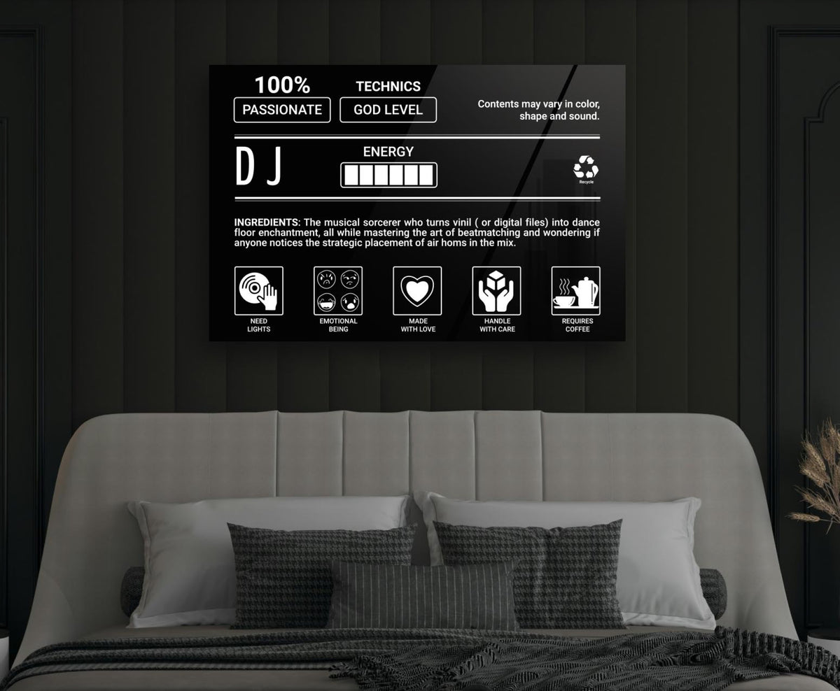 DJ Ingredients Label Glass Wall Art in a modern interior