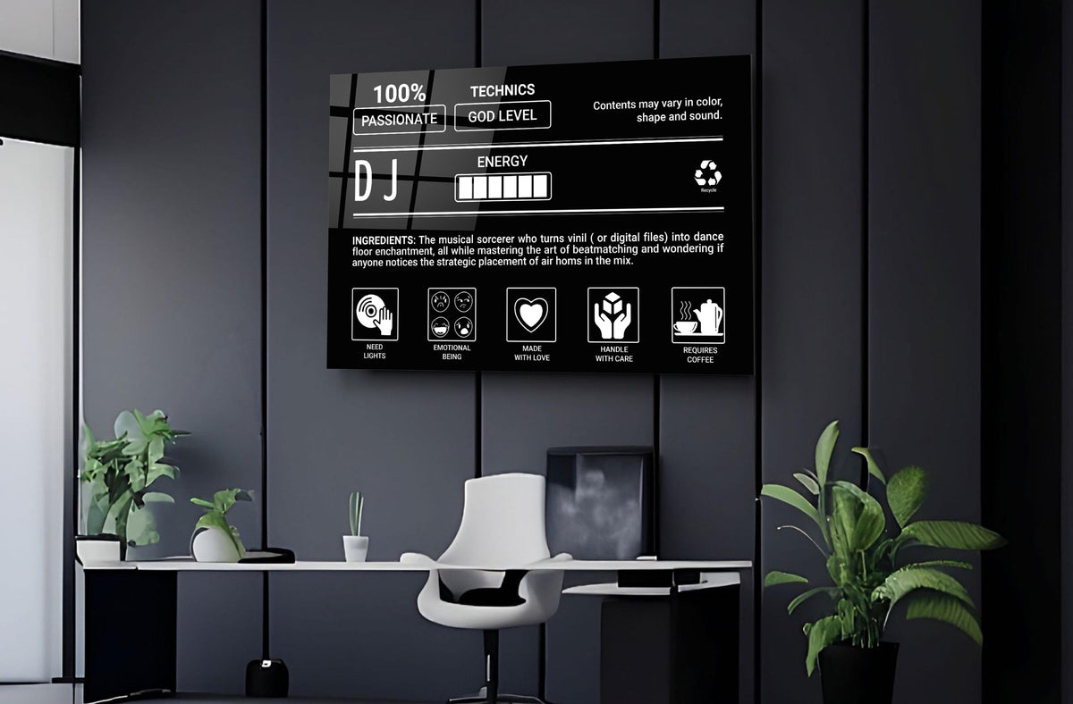 DJ Ingredients Label Glass Wall Art on the wall