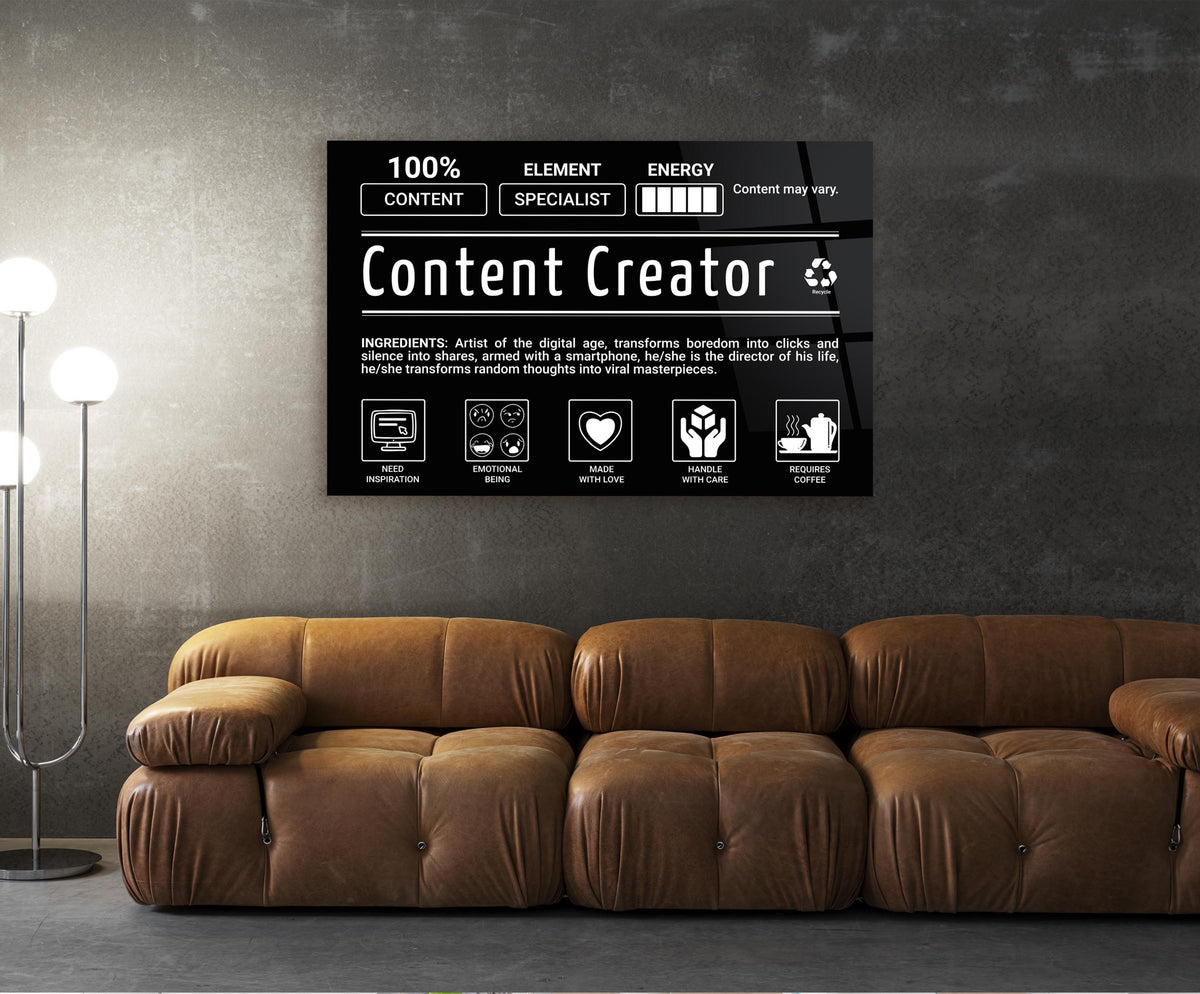 Content Creator Ingredients Label Glass Wall Art in a living room interior