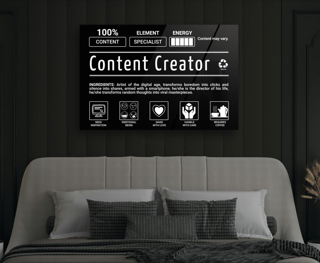 Content Creator Ingredients Label Glass Wall Art in a modern interior