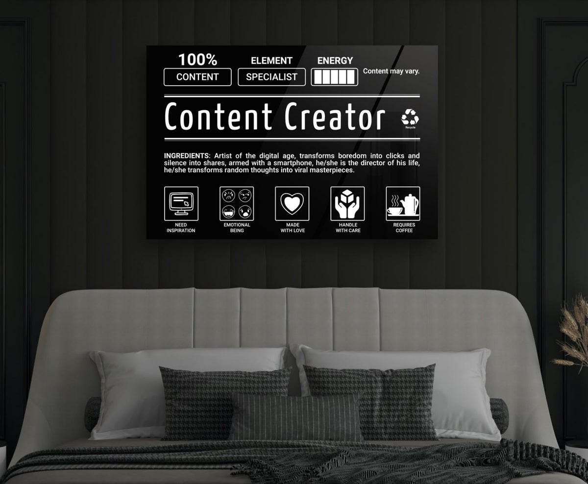 Content Creator Ingredients Label Glass Wall Art in a modern interior