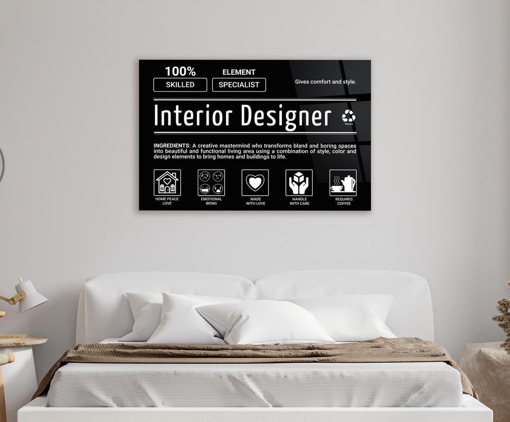 Interior Designer Ingredients Label Glass Wall Art in a living room interior