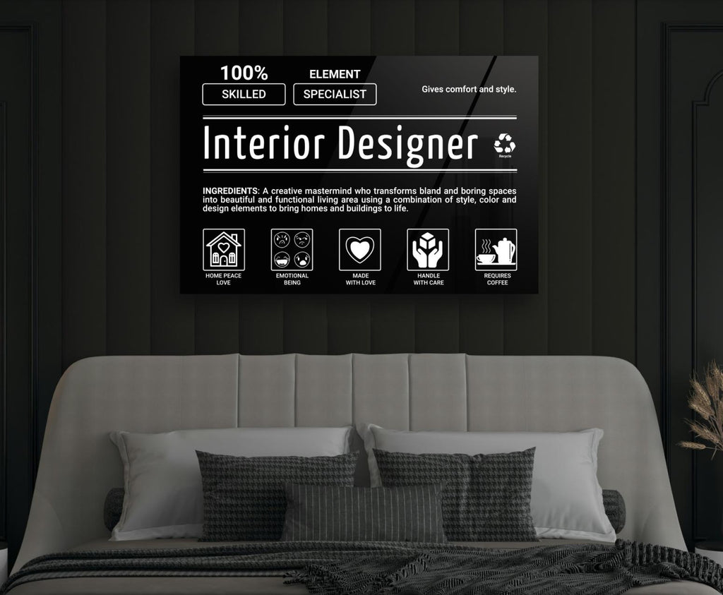 Interior Designer Ingredients Label Glass Wall Art in a modern interior