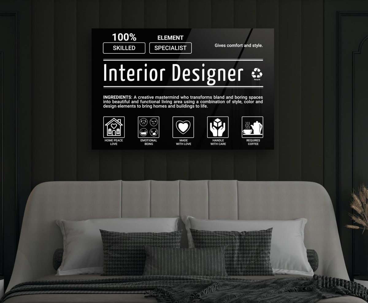 Interior Designer Ingredients Label Glass Wall Art in a modern interior
