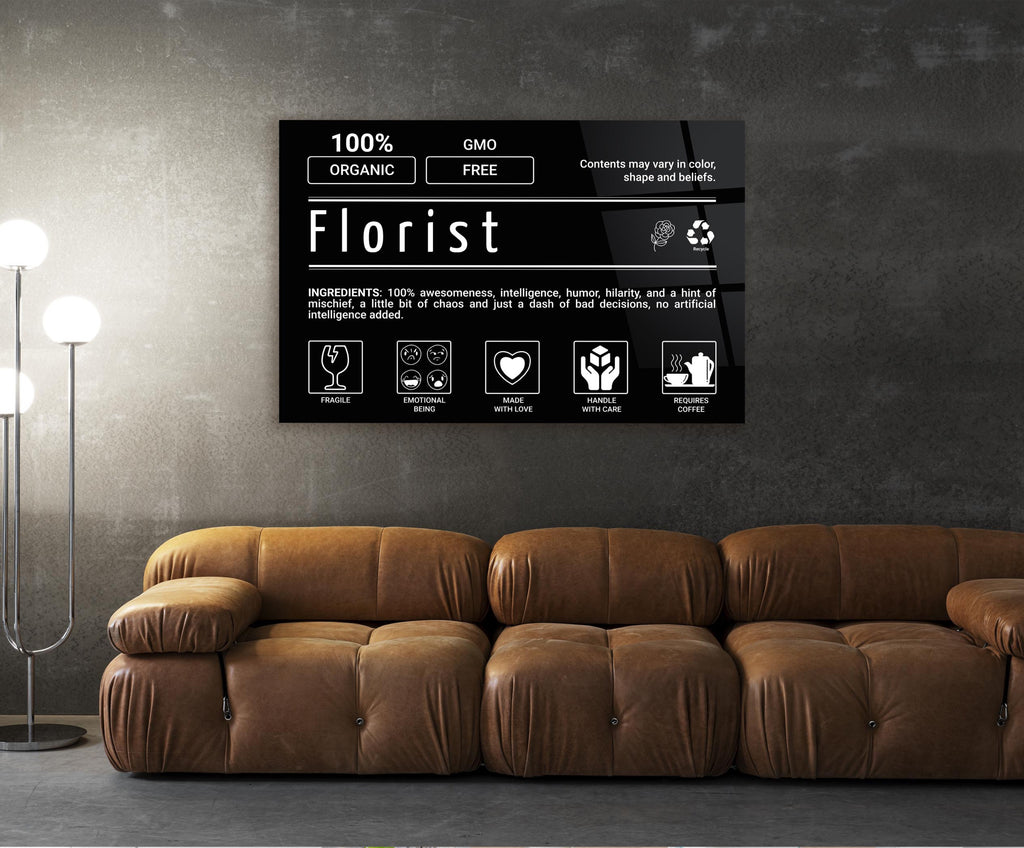 Florist Ingredients Label Glass Wall Art in a living room interior