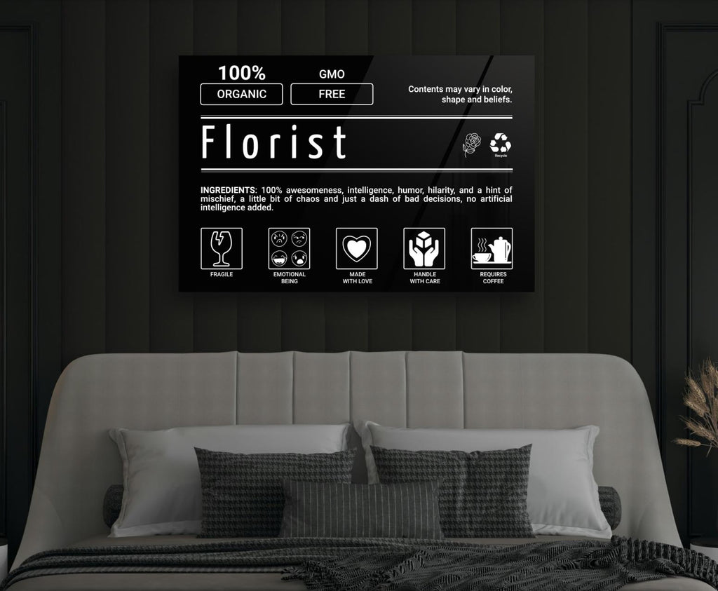 Florist Ingredients Label Glass Wall Art in a modern interior
