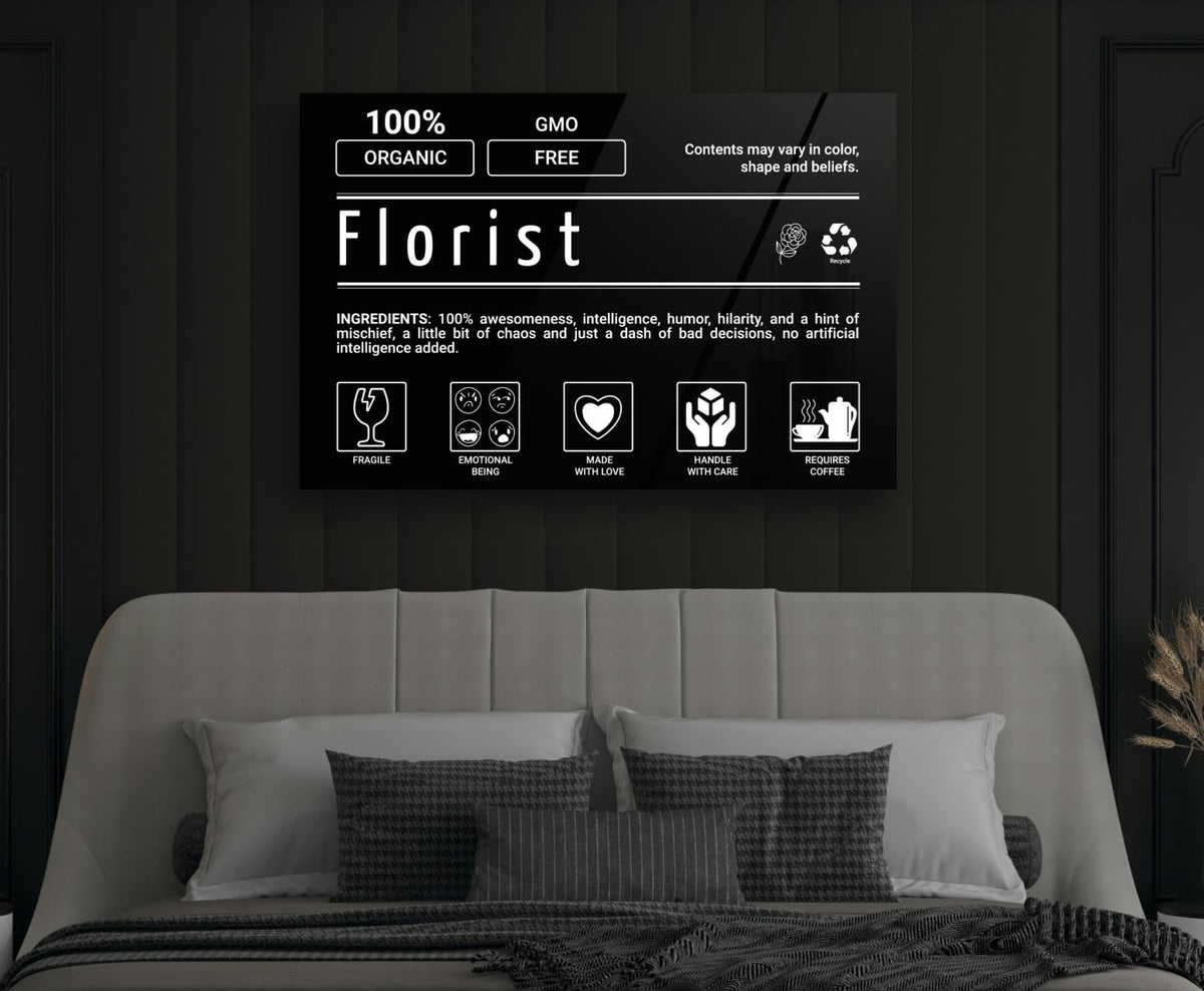 Florist Ingredients Label Glass Wall Art in a modern interior