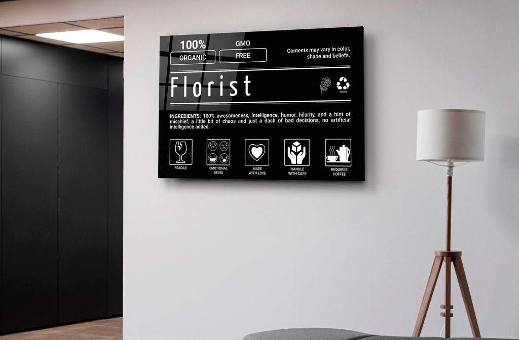 Florist Ingredients Label Glass Wall Art on the wall