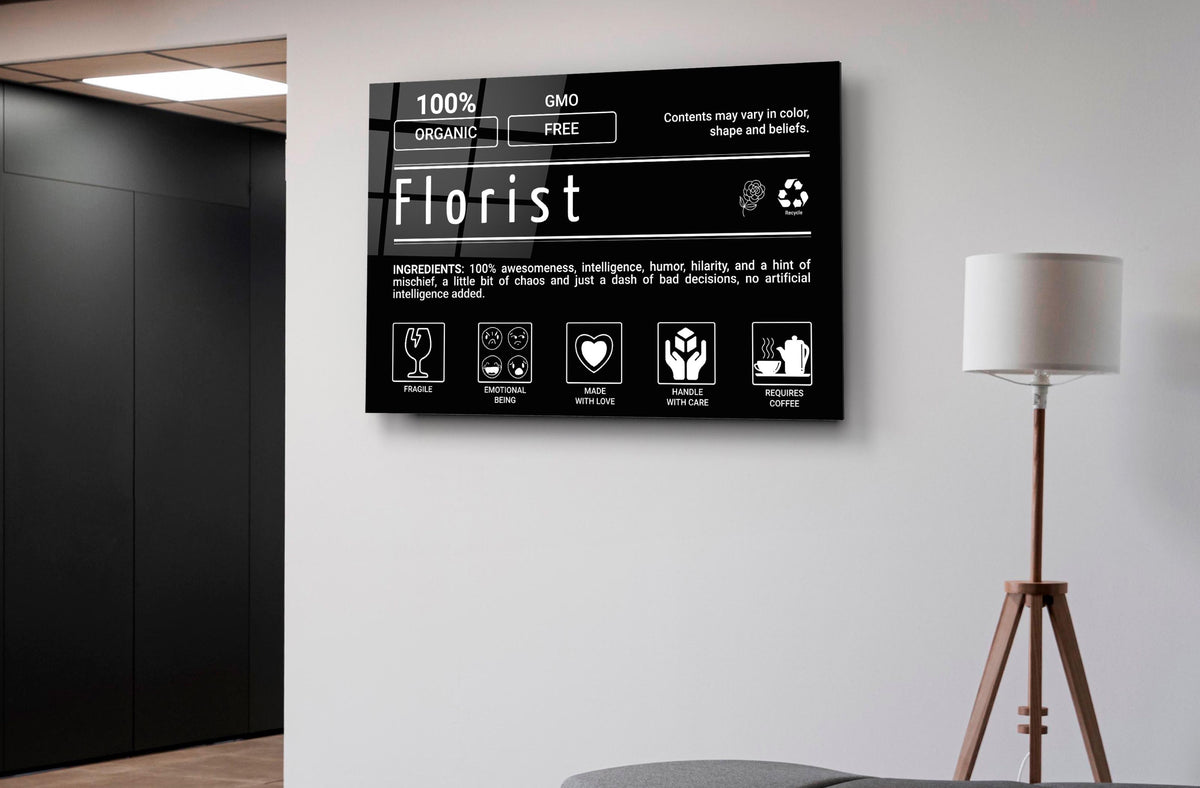 Florist Ingredients Label Glass Wall Art on the wall
