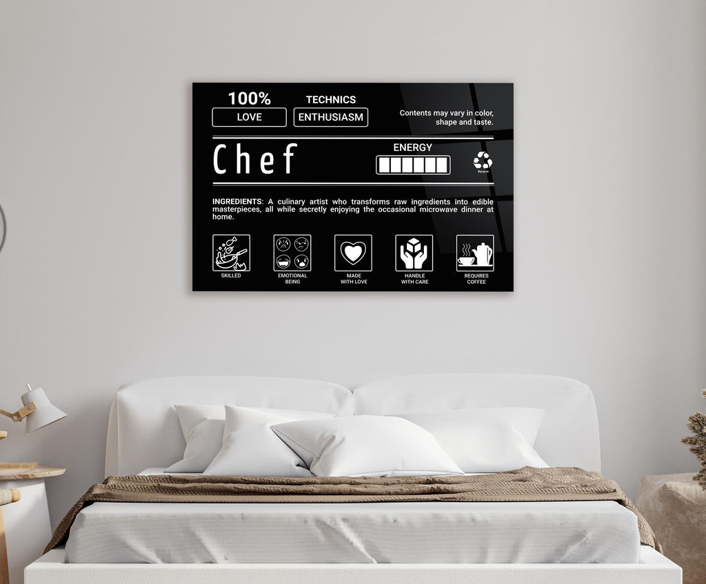 Chef Ingredients Label Glass Wall Art in a living room interior