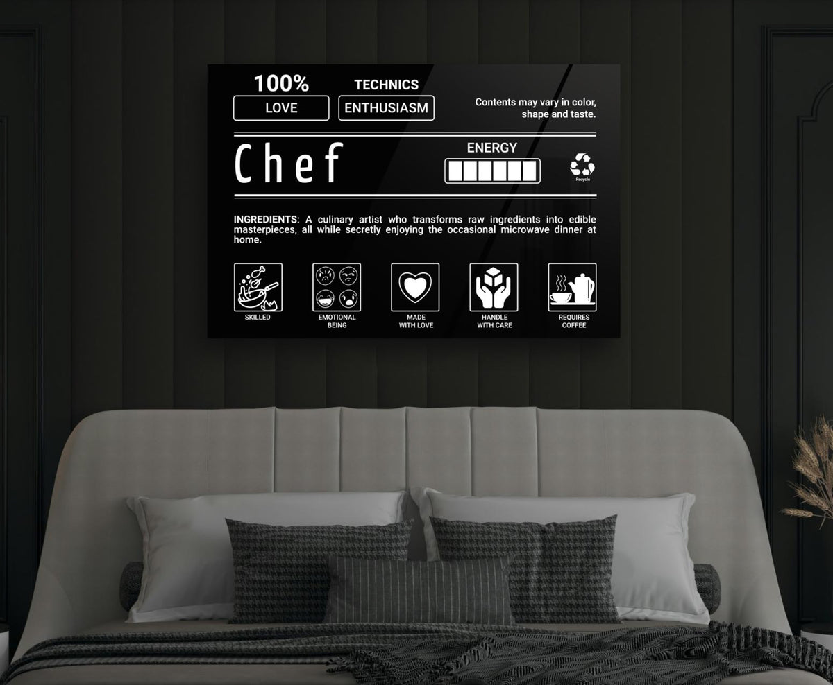 Chef Ingredients Label Glass Wall Art in a modern interior