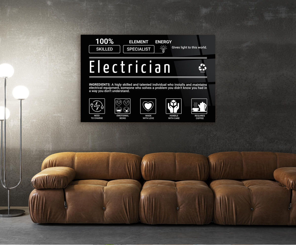 Electrician Ingredients Typography Glass Wall Art in a living room interior