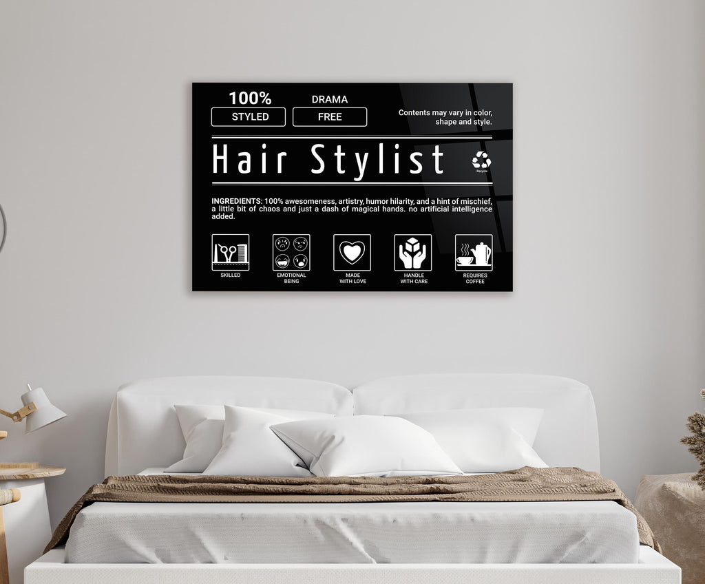 Hair Stylist Ingredients Label Glass Wall Art in a modern interior