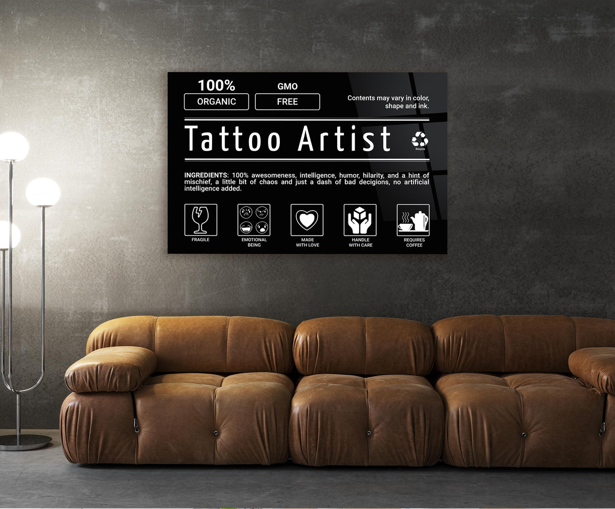 Tattoo Artist Ingredients Label Glass Wall Art in a living room interior