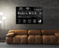 Modern Witch Label Typography Glass Wall Art in a living room interior