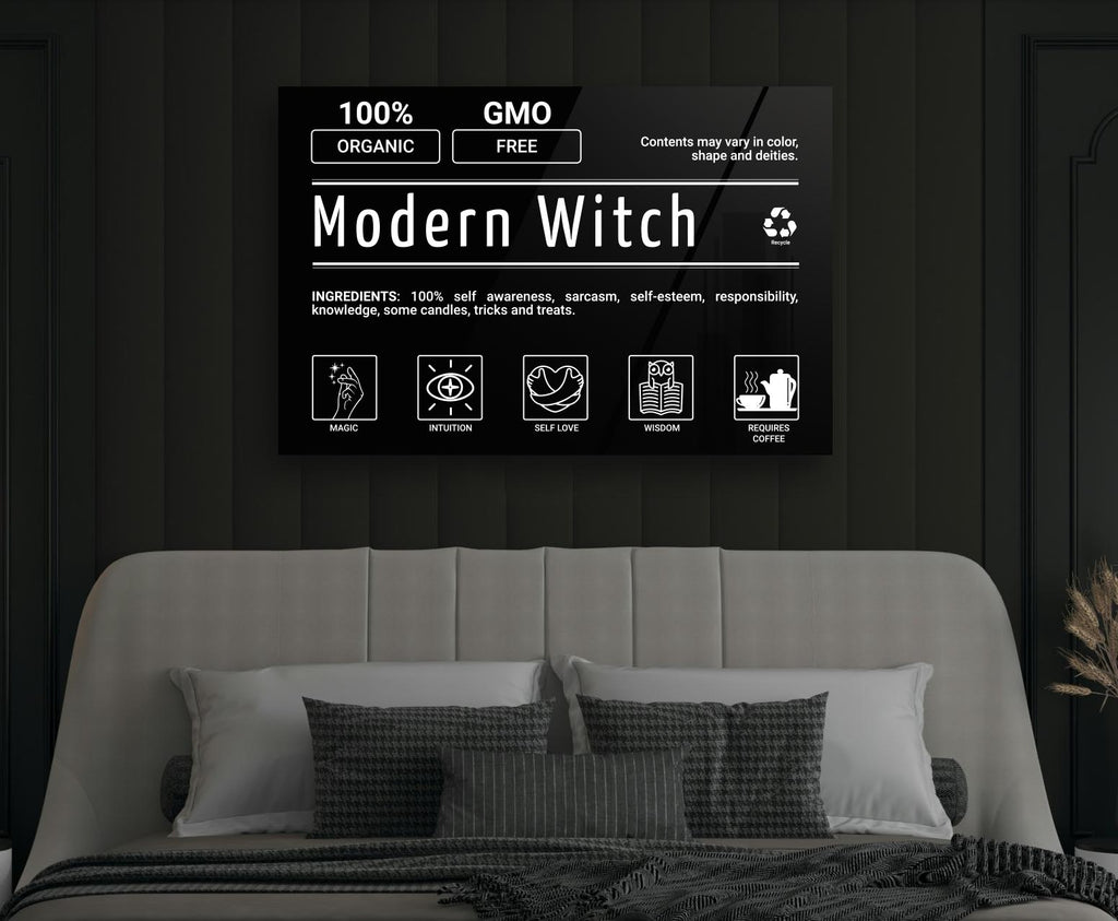 Modern Witch Label Typography Glass Wall Art in a modern interior