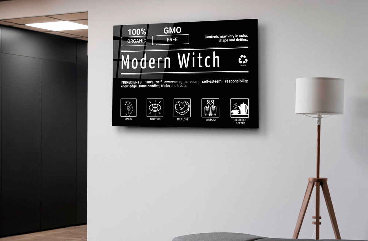Modern Witch Label Typography Glass Wall Art on the wall