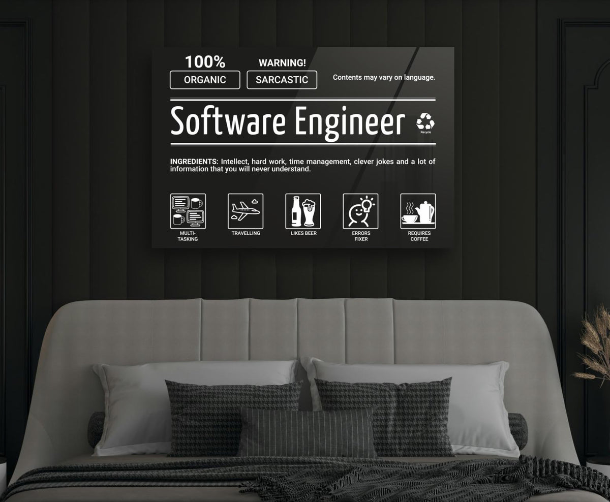 Software Engineer Ingredients Label Glass Wall Art in a modern interior