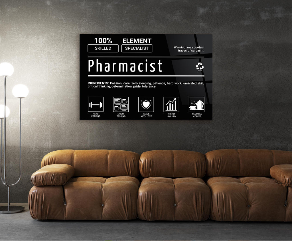 Pharmacist Element Specialist Typography Glass Wall Art in a living room interior