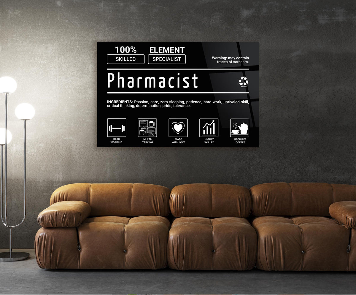 Pharmacist Element Specialist Typography Glass Wall Art in a living room interior