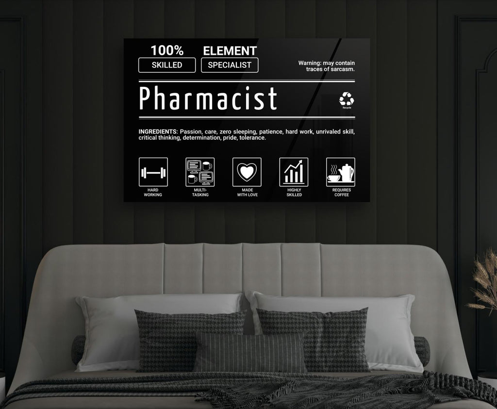Pharmacist Element Specialist Typography Glass Wall Art in a modern interior