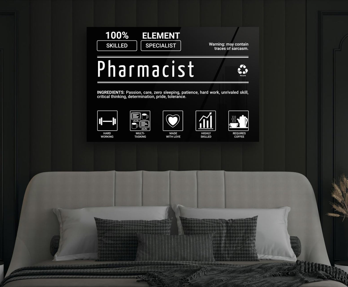 Pharmacist Element Specialist Typography Glass Wall Art in a modern interior