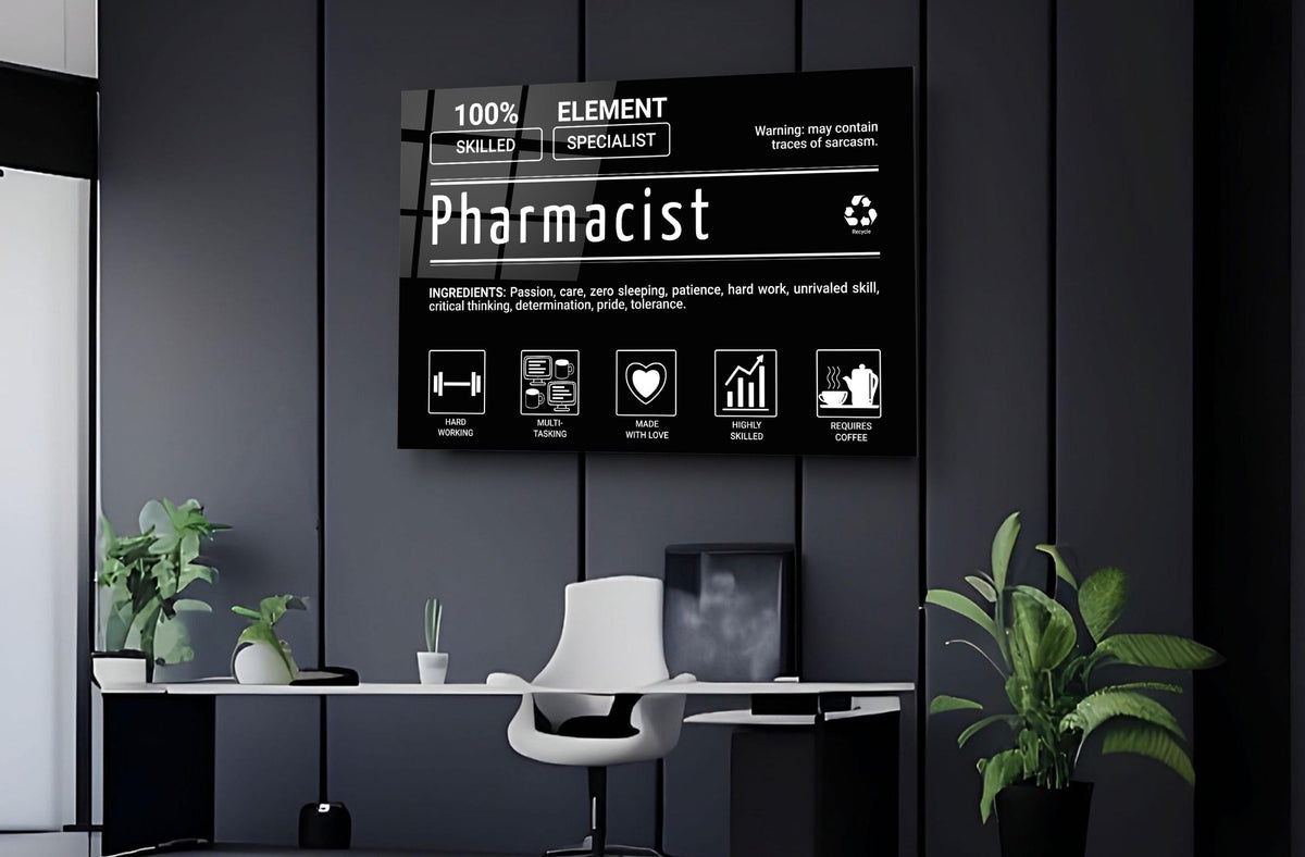 Pharmacist Element Specialist Typography Glass Wall Art on the wall
