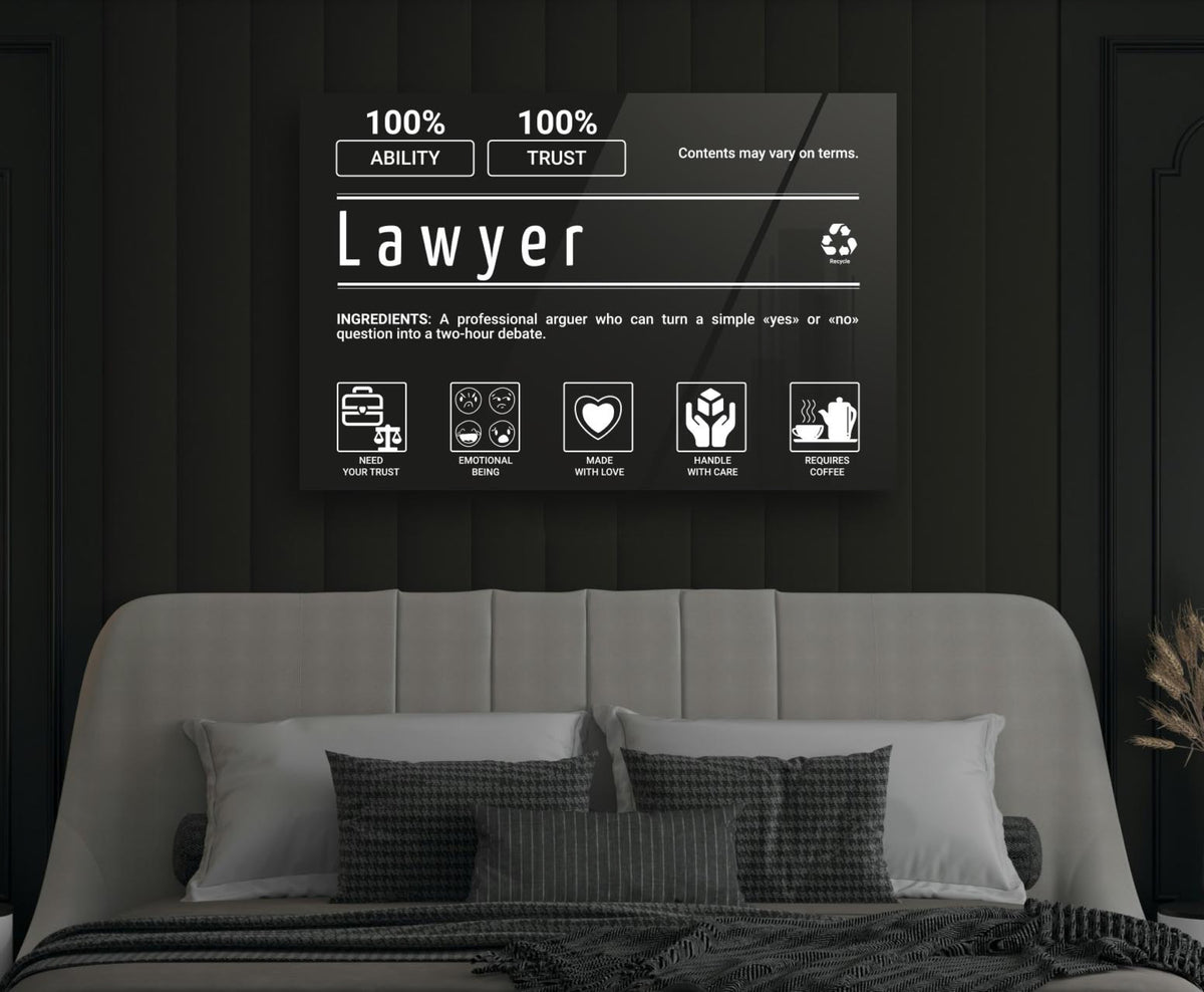 Lawyer Ingredients Label Glass Wall Art in a modern interior