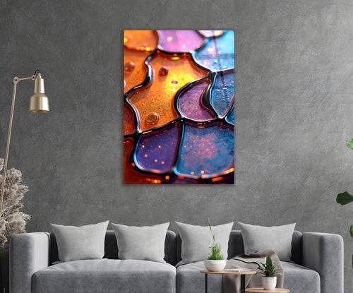 Amber and Violet Resin Mosaic Abstract Glass Wall Art in a modern interior