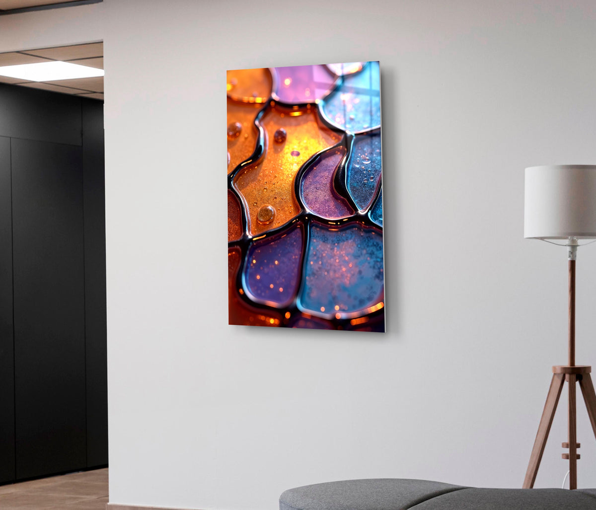 Amber and Violet Resin Mosaic Abstract Glass Wall Art on the wall