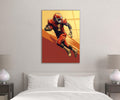 Retro Football Running Back Illustration Glass Wall Art in a living room interior