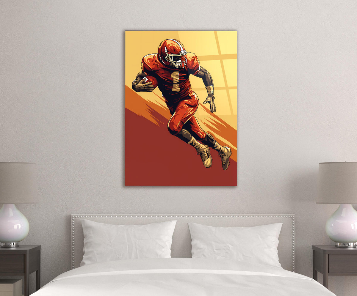 Retro Football Running Back Illustration Glass Wall Art in a living room interior