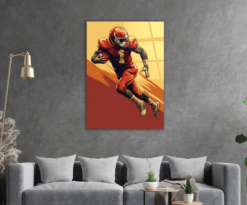Retro Football Running Back Illustration Glass Wall Art in a modern interior
