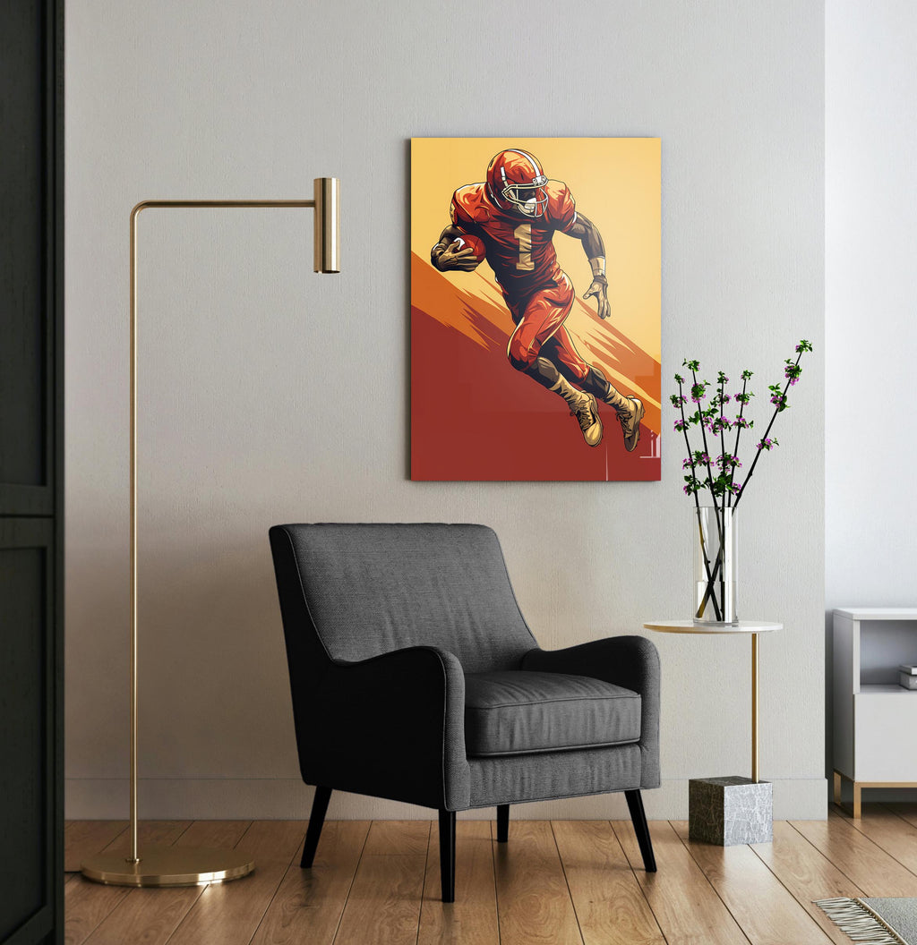 Retro Football Running Back Illustration Glass Wall Art on the wall