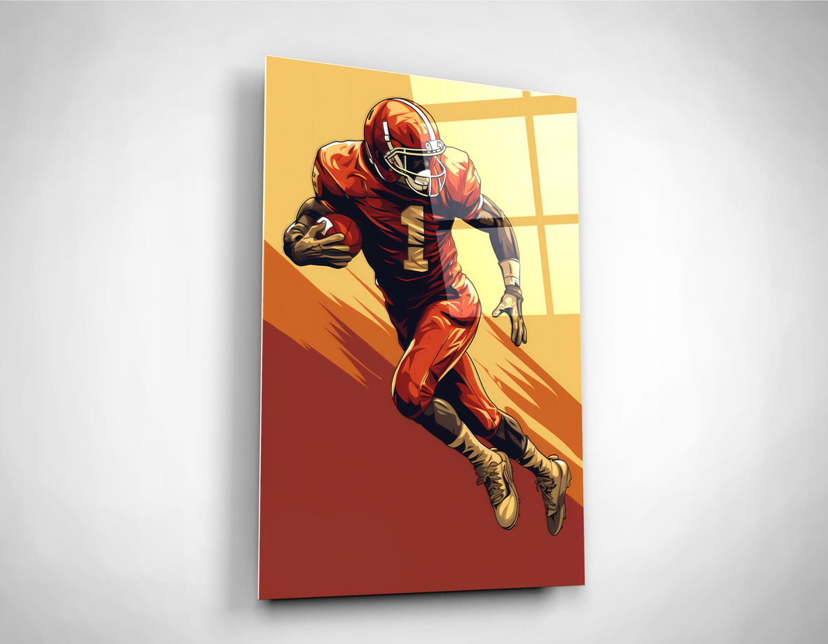 Retro Football Running Back Illustration Glass Wall Art close-up