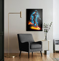 Neon Soccer Player Glass Wall Art in a living room interior