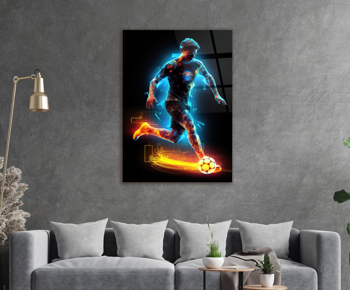Neon Soccer Player Glass Wall Art in a modern interior