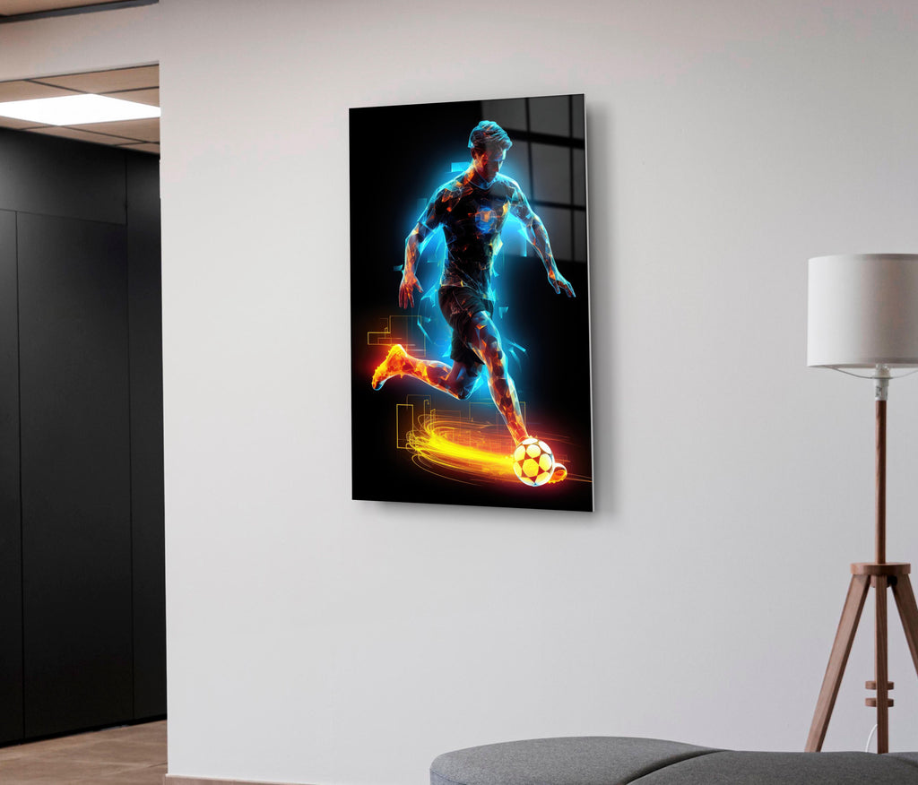 Neon Soccer Player Glass Wall Art on the wall