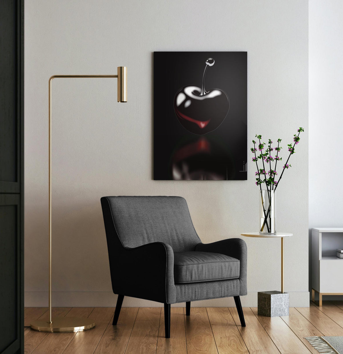 Black Cherry Noir Glass Wall Art in a living room interior