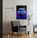 Neon Purple Supercar Glass Wall Art in a living room interior