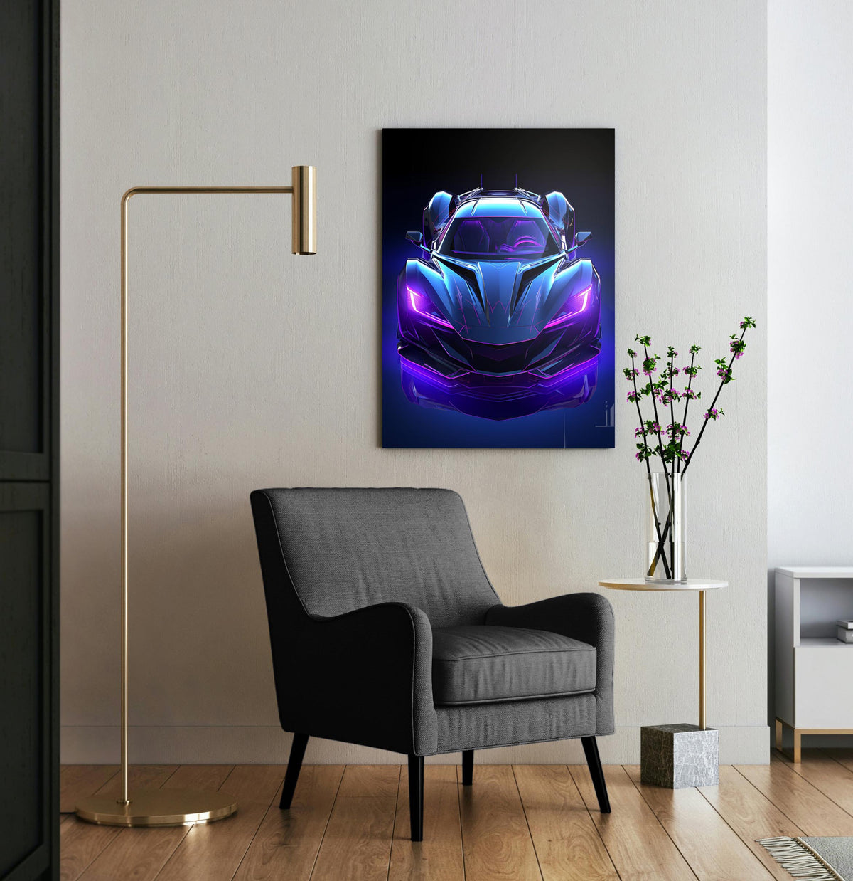 Neon Purple Supercar Glass Wall Art in a living room interior