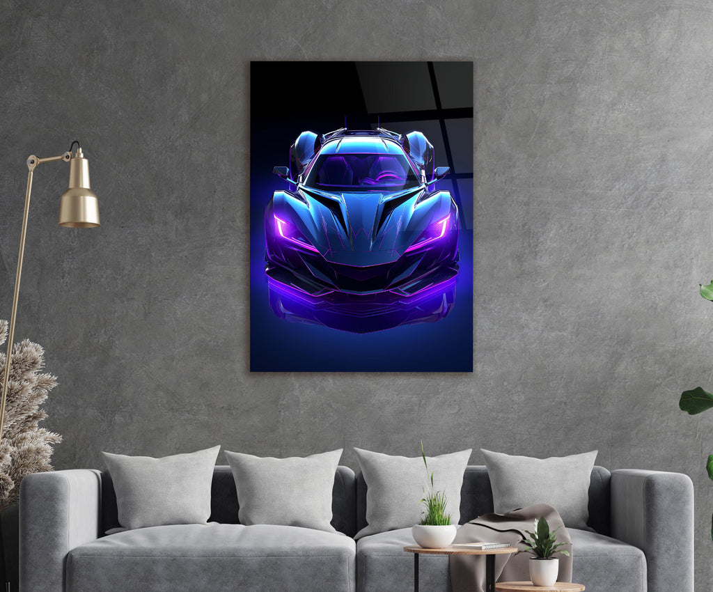 Neon Purple Supercar Glass Wall Art in a modern interior