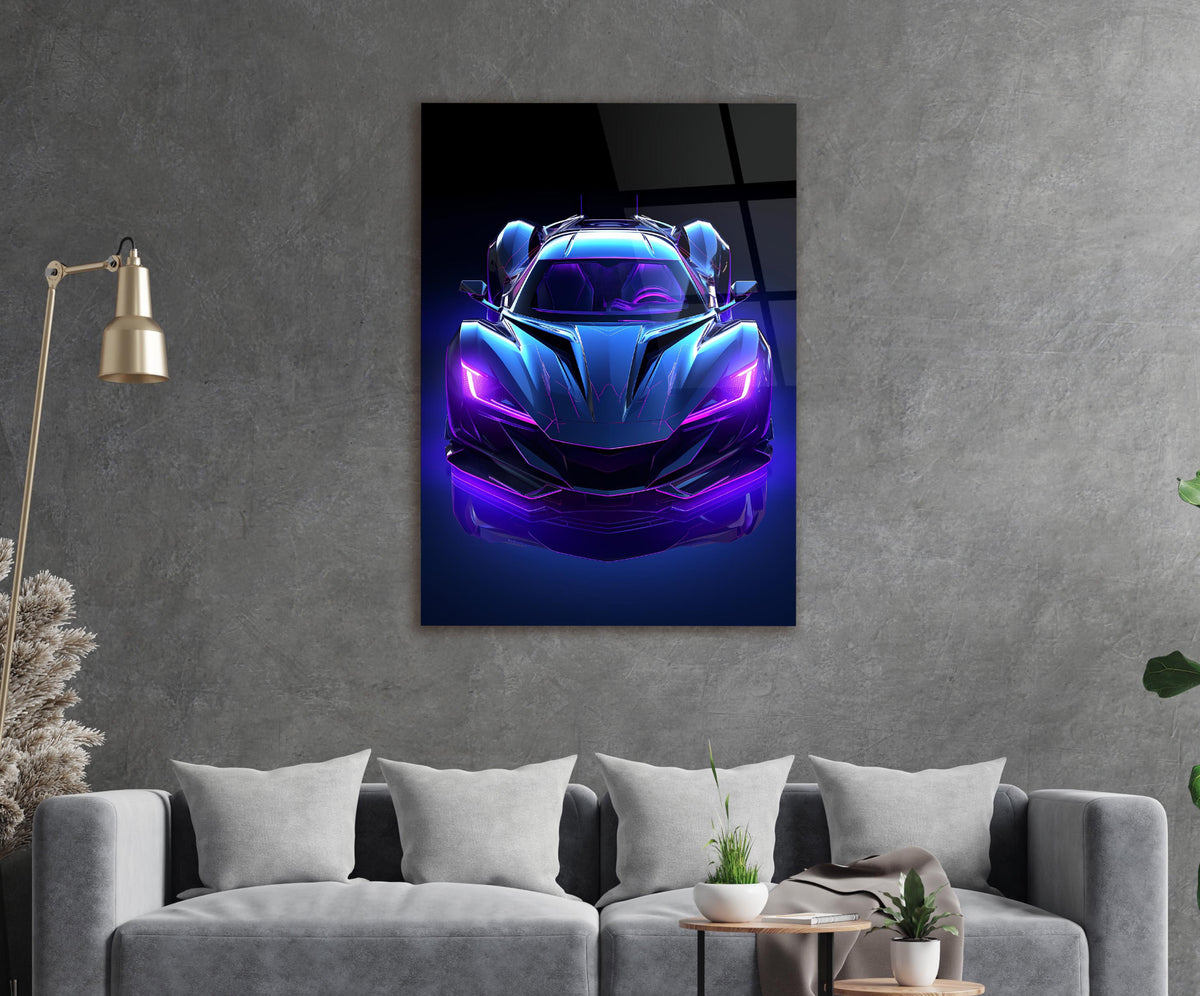 Neon Purple Supercar Glass Wall Art in a modern interior