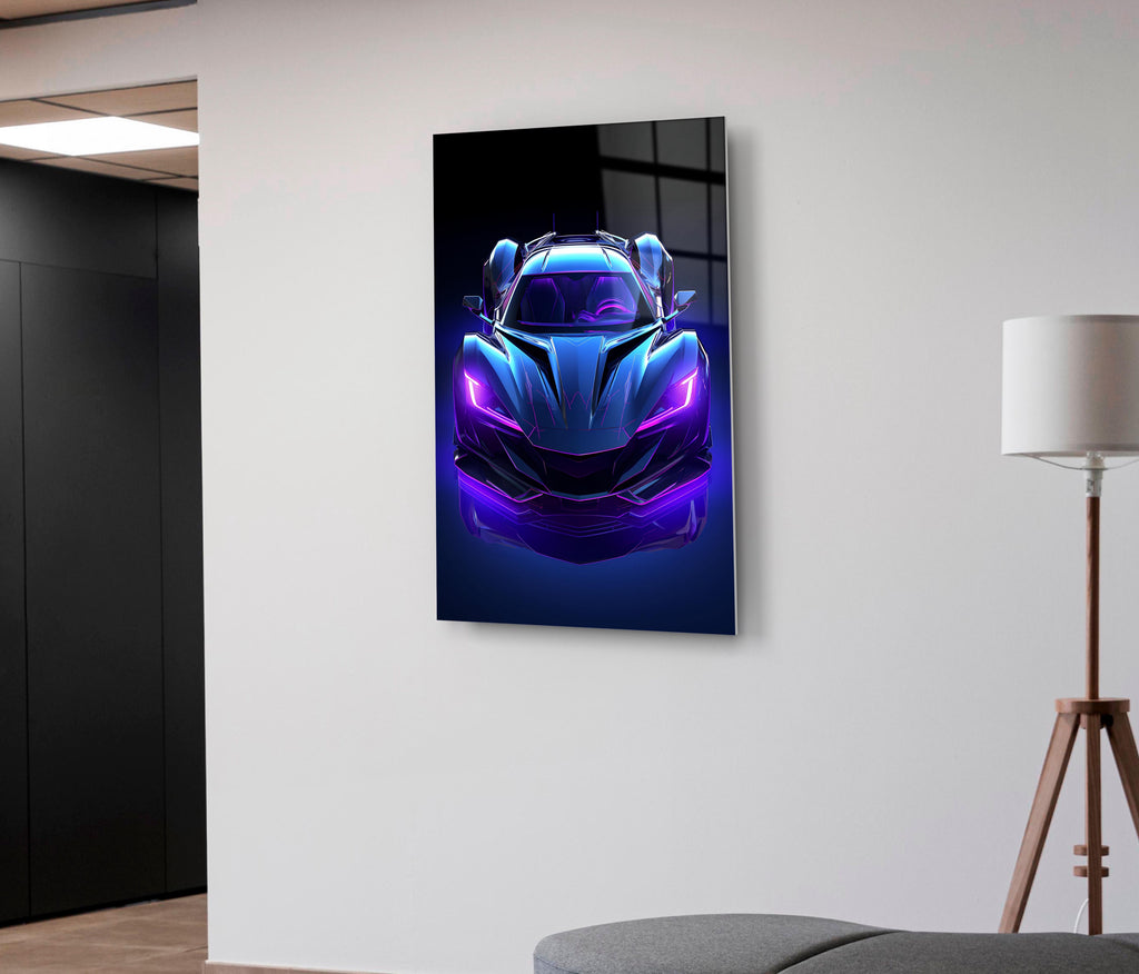 Neon Purple Supercar Glass Wall Art on the wall