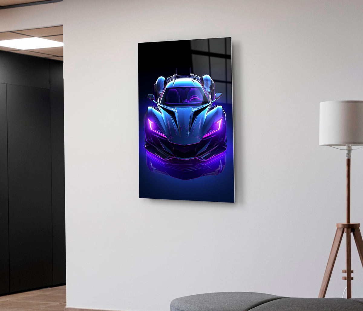 Neon Purple Supercar Glass Wall Art on the wall