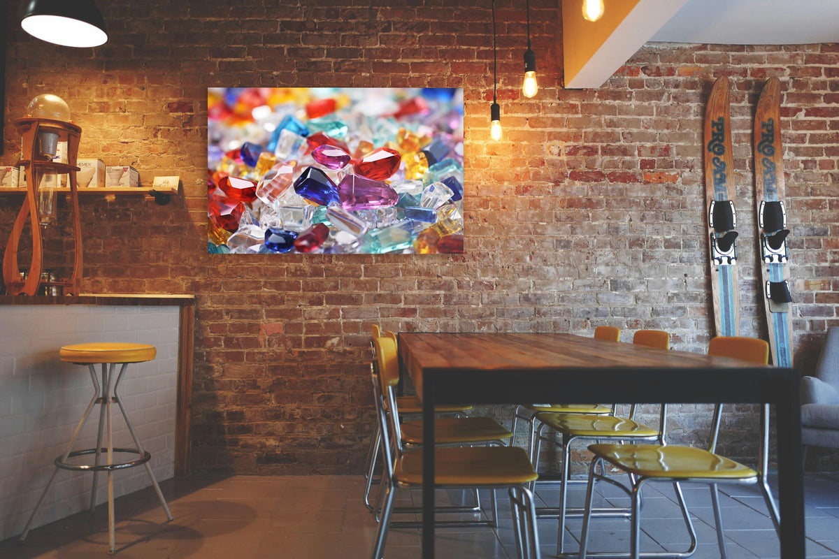 Colorful Crystal Gems Glass Wall Art in a living room interior
