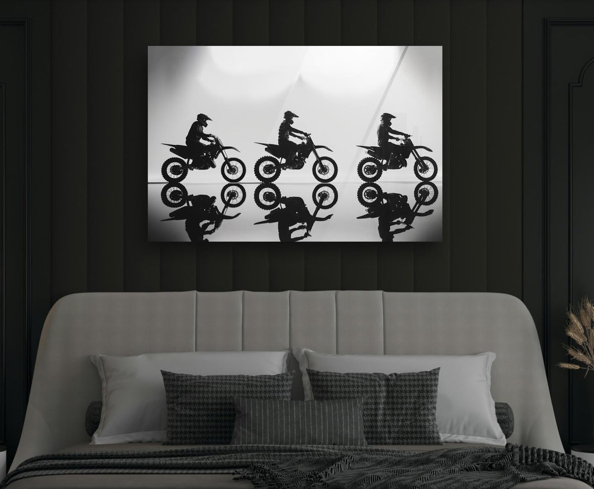Motocross Riders Silhouette Glass Wall Art in a modern interior