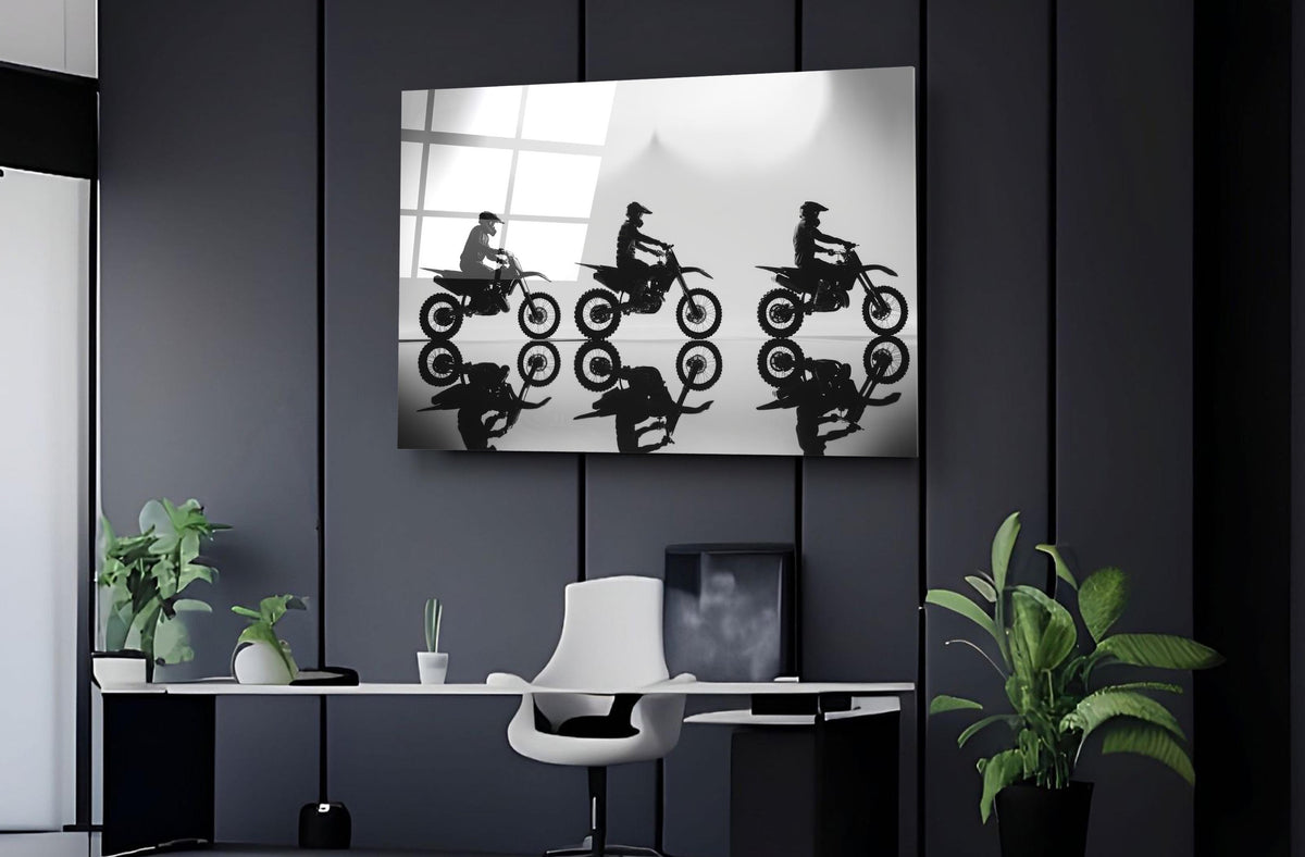 Motocross Riders Silhouette Glass Wall Art on the wall