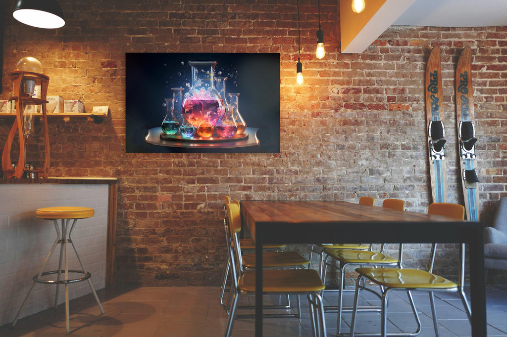 Glowing Chemistry Flasks Glass Wall Art in a living room interior